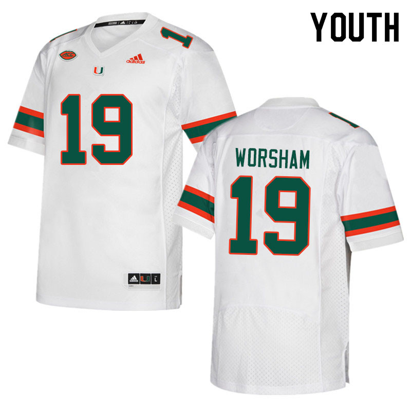 Youth #19 Dazalin Worsham Miami Hurricanes College Football Jerseys Sale-White